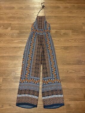 Halter-Style Boho Wide-Leg Jumpsuit in Navy and Orange